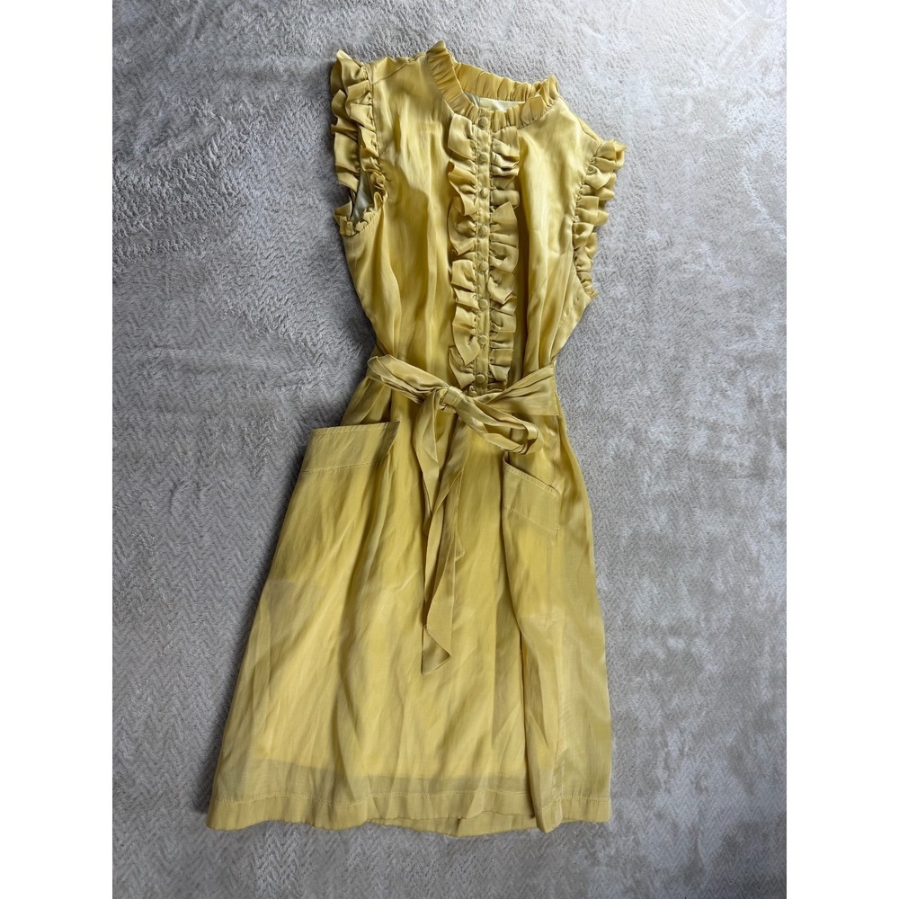 Lucy Paris A-Line Dress S Yellow Ruffled Knee Length Flutter Sleeve Waist Belt - Picture 2 of 16